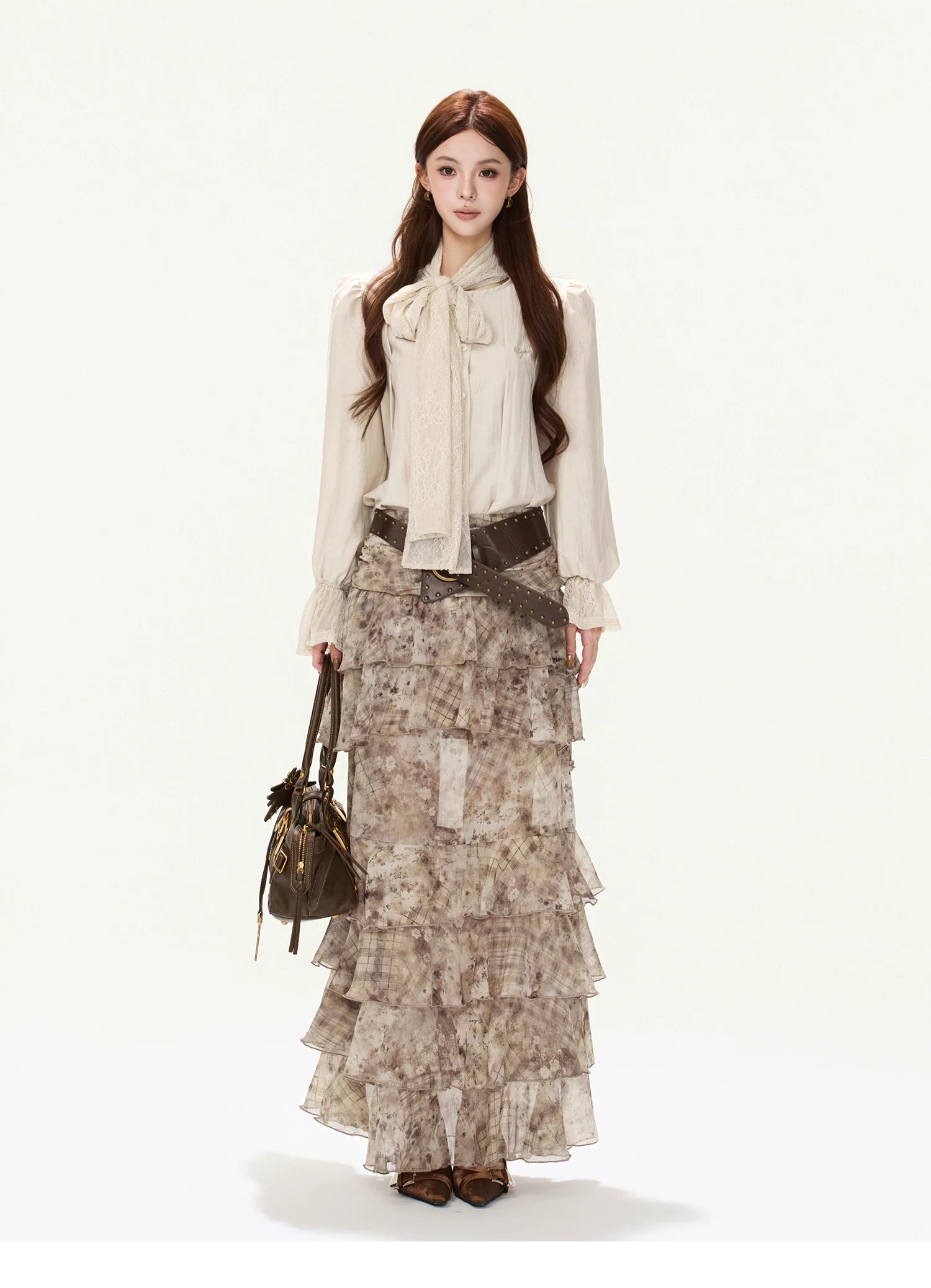 CYNR Lace Tie-Detail Blouse &amp; Chiffon Midi Skirt
