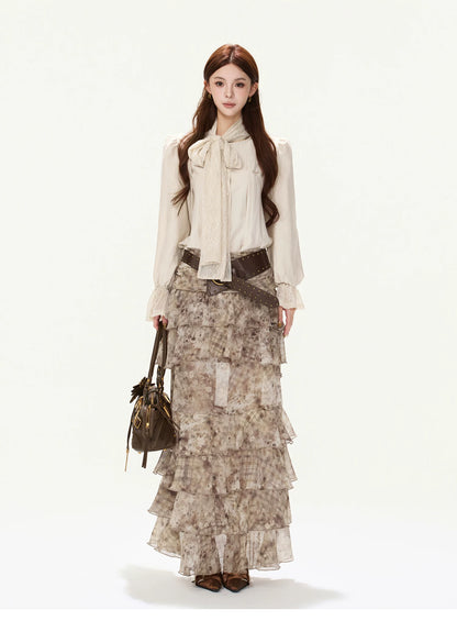 CYNR Lace Tie-Detail Blouse &amp; Chiffon Midi Skirt