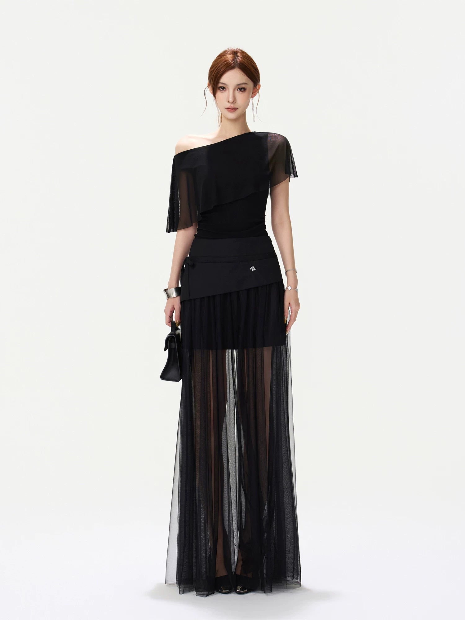 CYNR Asymmetric Shoulder Top &amp; Mesh Skirt Set