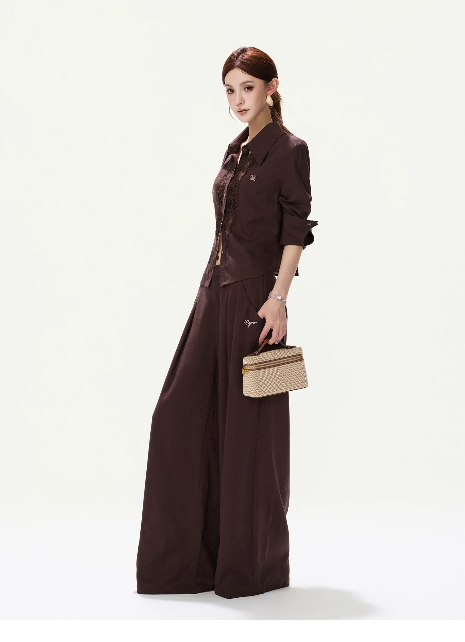 CYNR Lace Cut-Out Blouse and Wide-Leg Pants Set