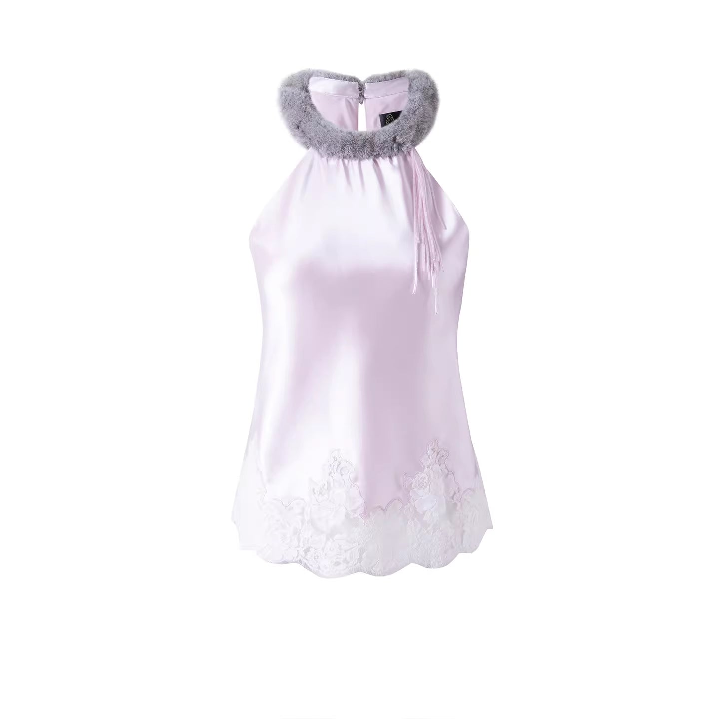 JELLOJELLO Lace edge patchwork acetate fur collar top