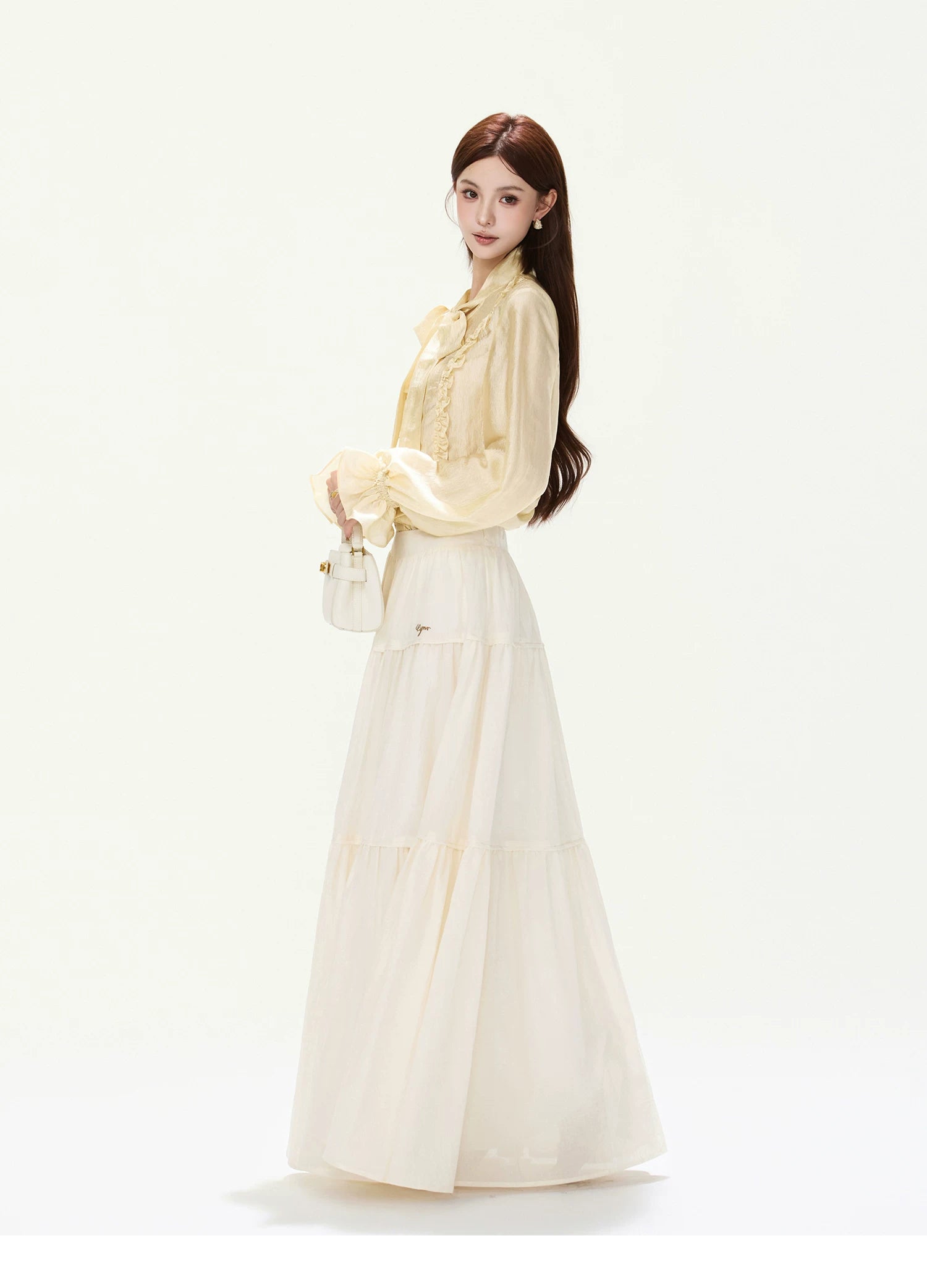 CYNR Ruffled Satin Blouse and Tiered Skirt Set
