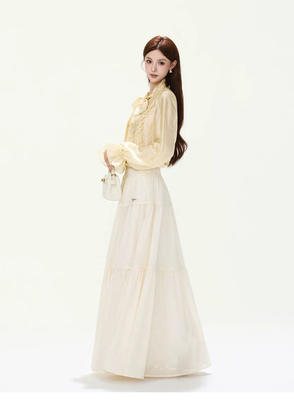 CYNR Ruffled Satin Blouse and Tiered Skirt Set
