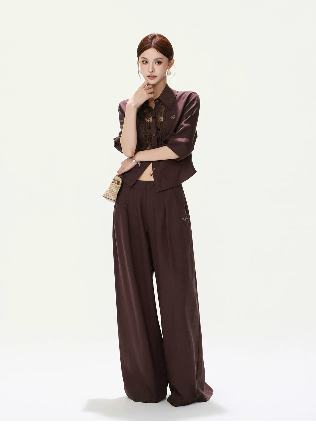 CYNR Lace Cut-Out Blouse and Wide-Leg Pants Set