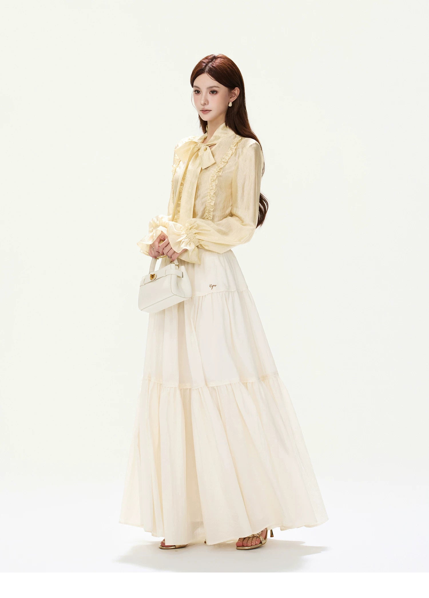 CYNR Ruffled Satin Blouse and Tiered Skirt Set