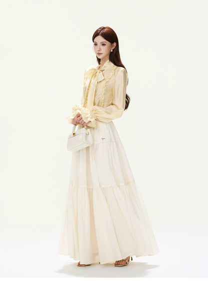 CYNR Ruffled Satin Blouse and Tiered Skirt Set