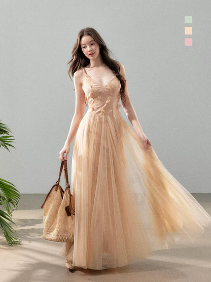 YZZI HE French mesh splicing holiday camisole fairy dress