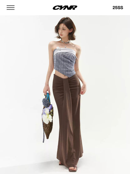 CYNR V-shaped low waist pleated long skirt