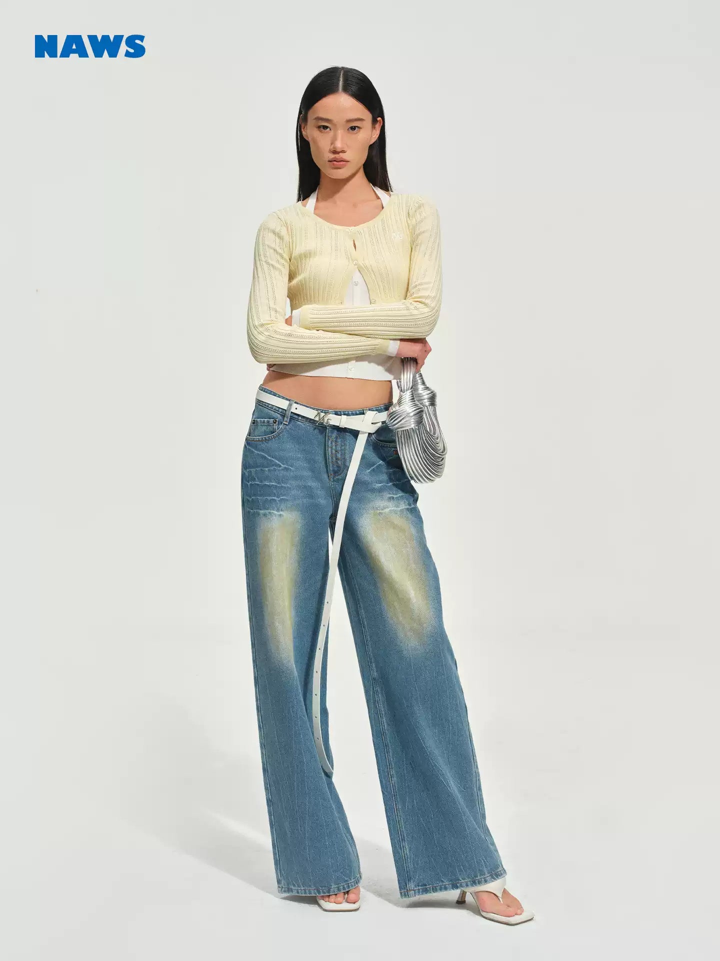 NAWS Linen fake two-piece spliced neck knitted cardigan