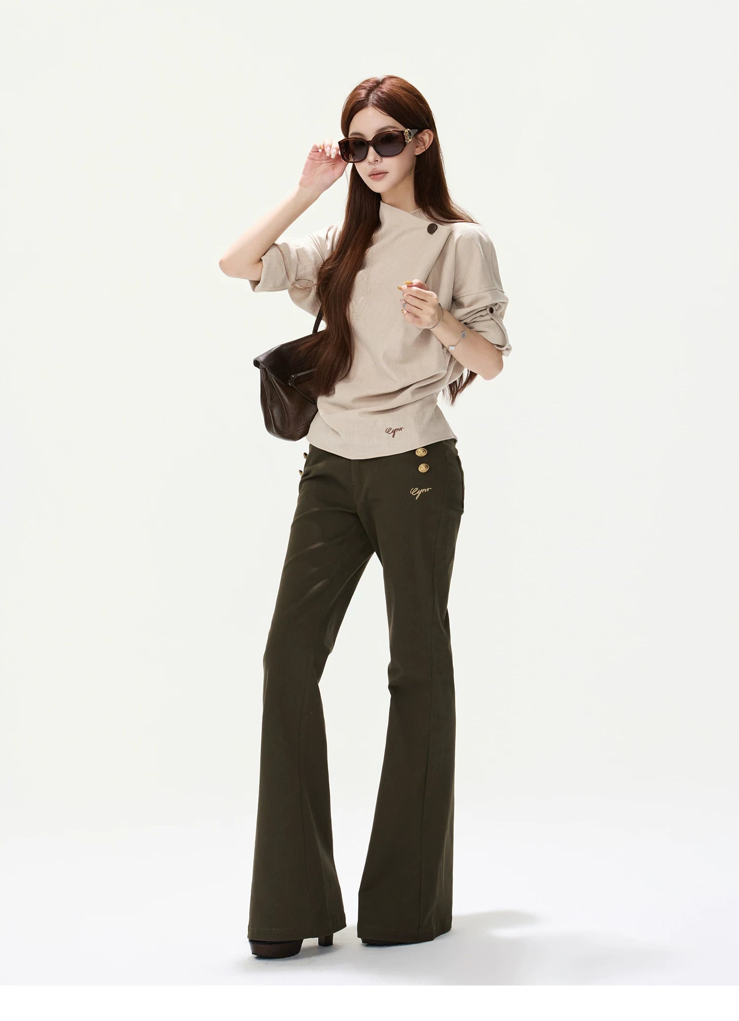CYNR Cowl Neck Drop-Sleeve Shirt &amp; Leather Shorts