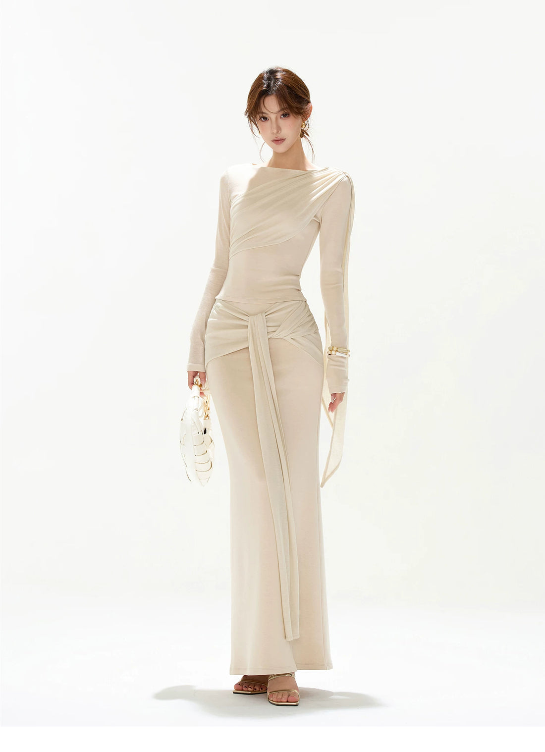 CYNR Slim fit pleated ribbon top + tied long skirt