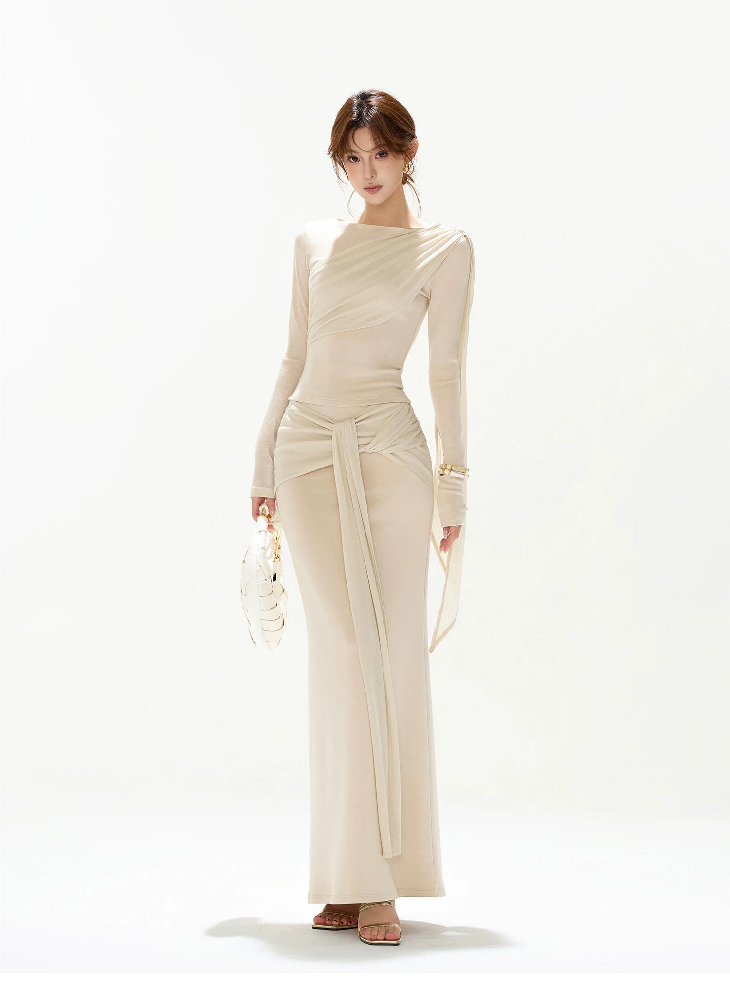 CYNR Slim fit pleated ribbon top + tied long skirt