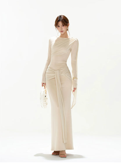 CYNR Slim fit pleated ribbon top + tied long skirt