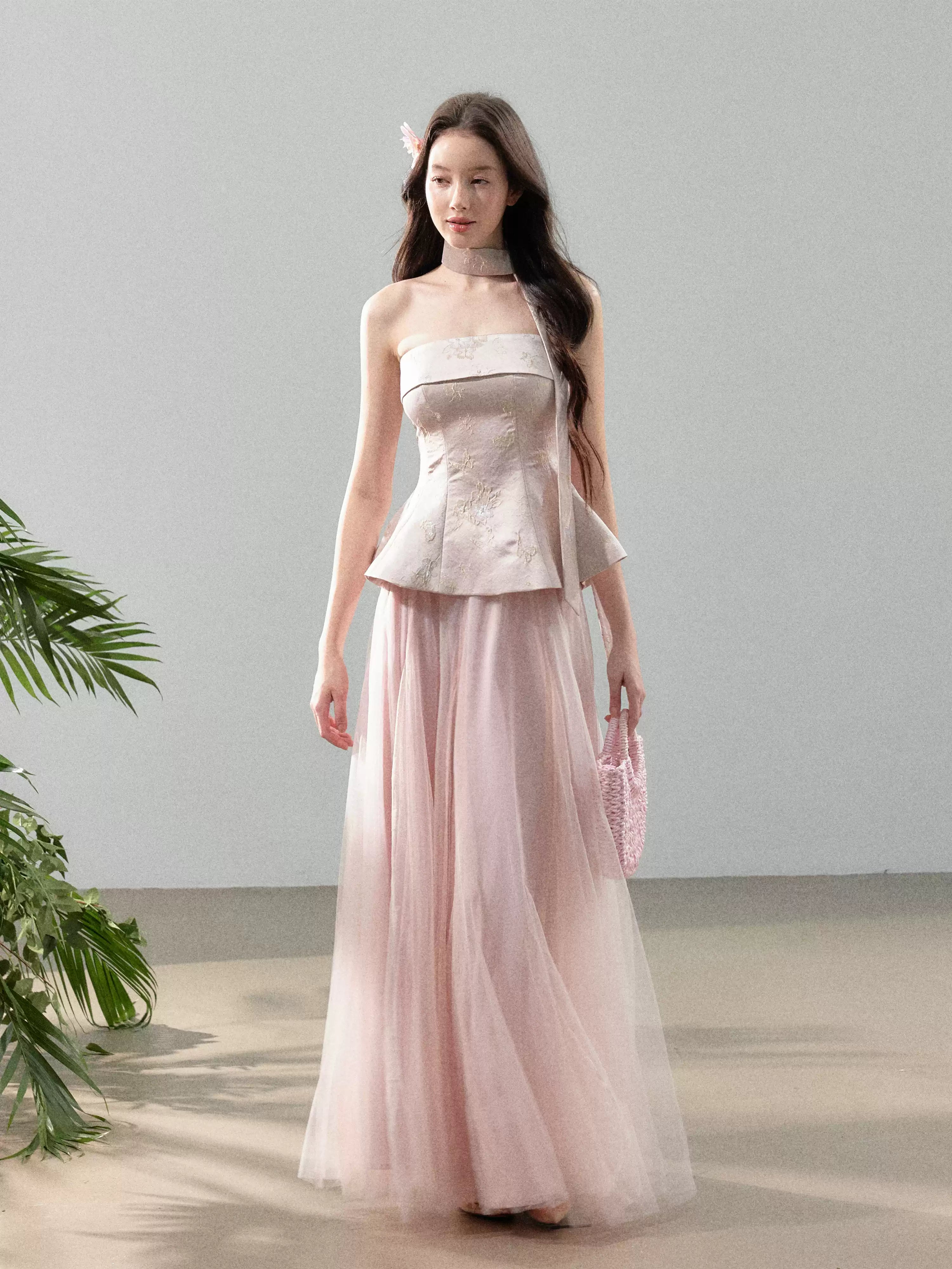 YZZI HE Jacquard top + mesh skirt set