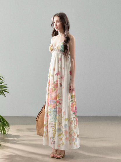 YZZI HE French holiday-style floral print chiffon halter maxi dress