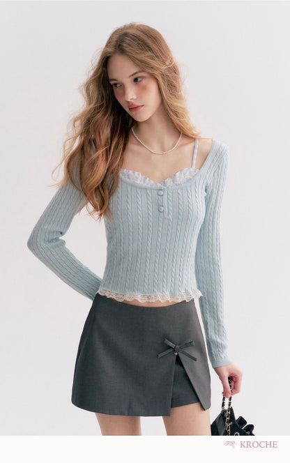 Kroche Faux Layered Cable-Knit Sweater（3 color）