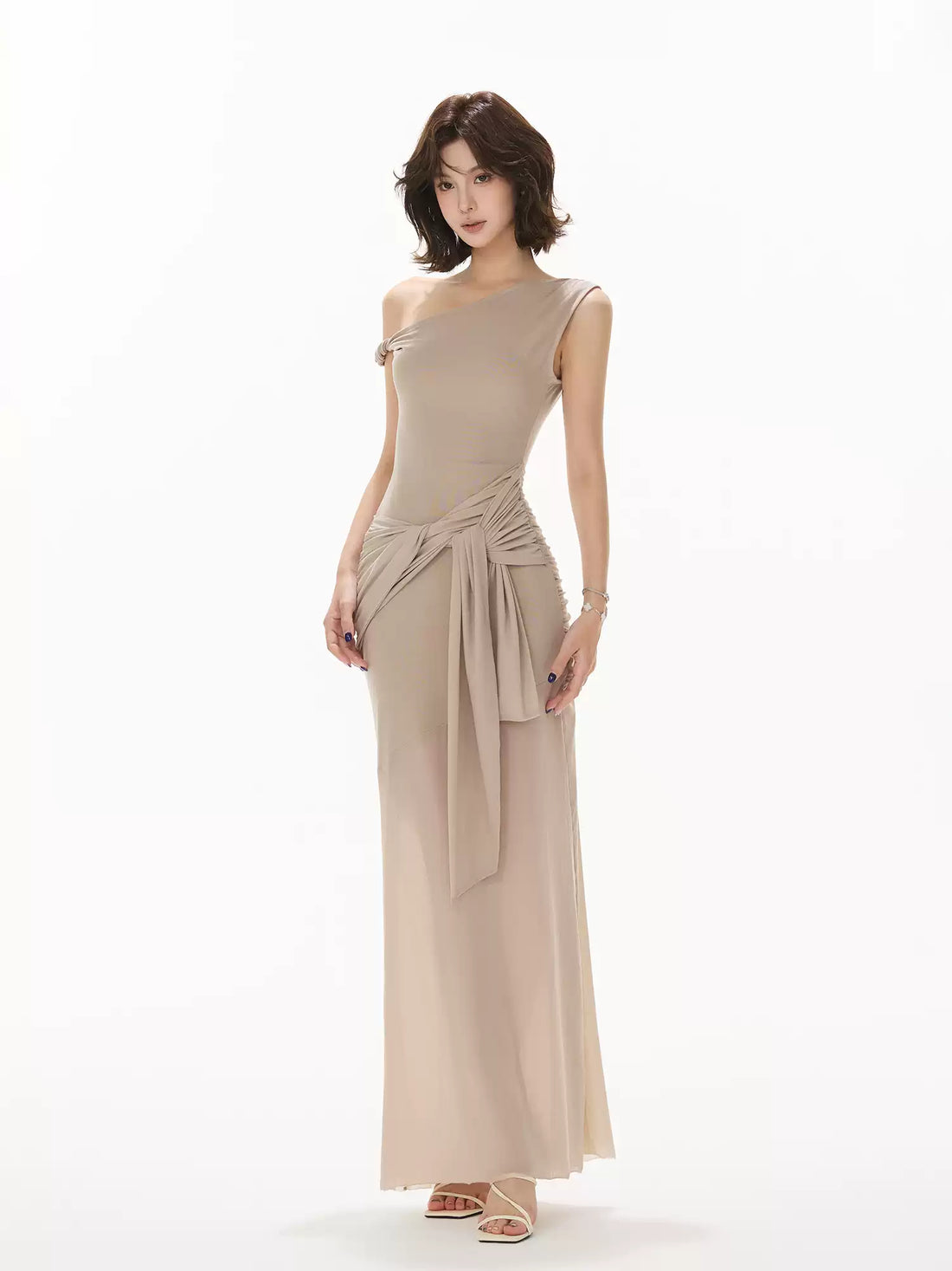 CYNR Lace patchwork pleated slim off shoulder dress