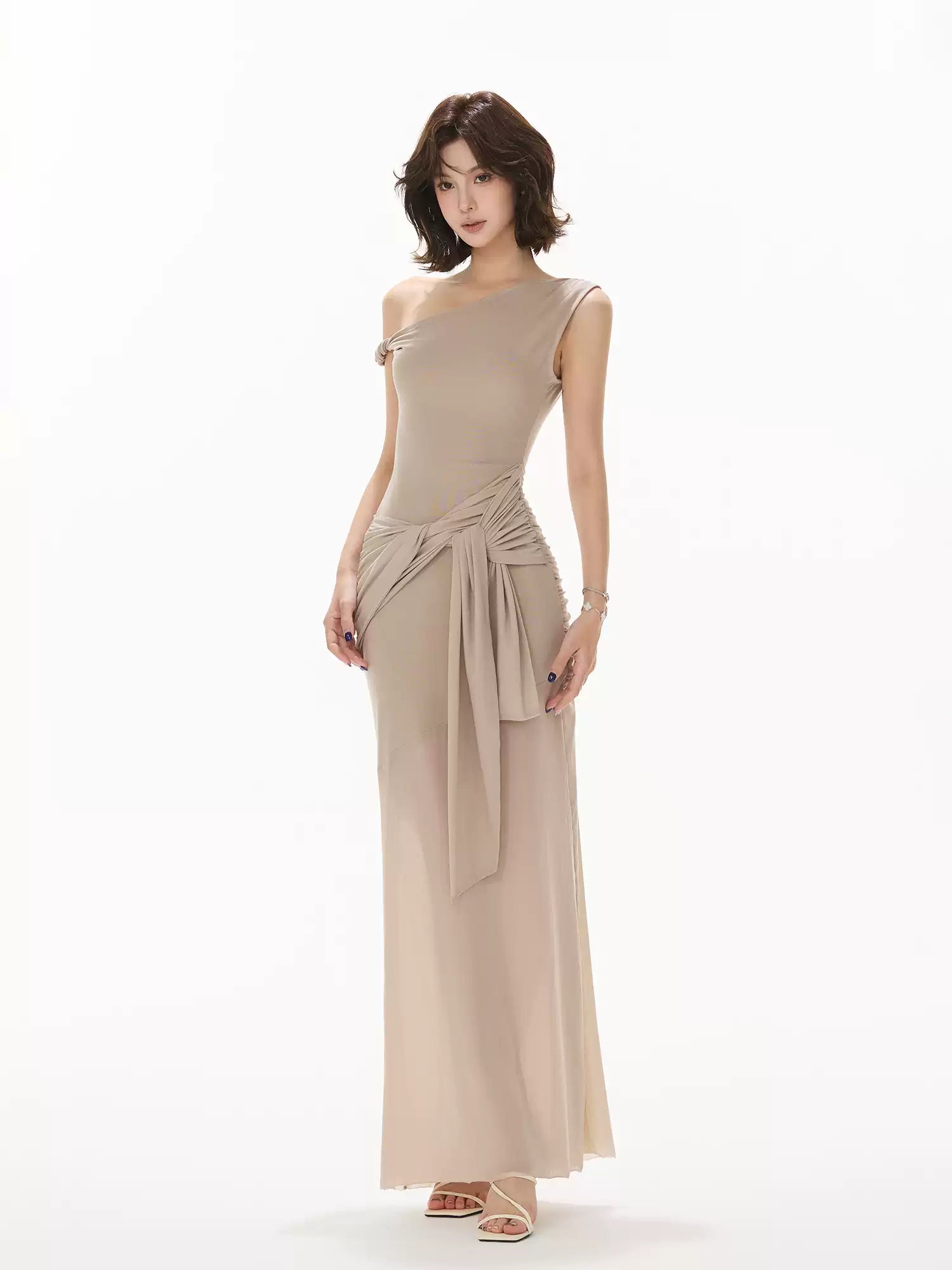 CYNR Lace patchwork pleated slim off shoulder dress