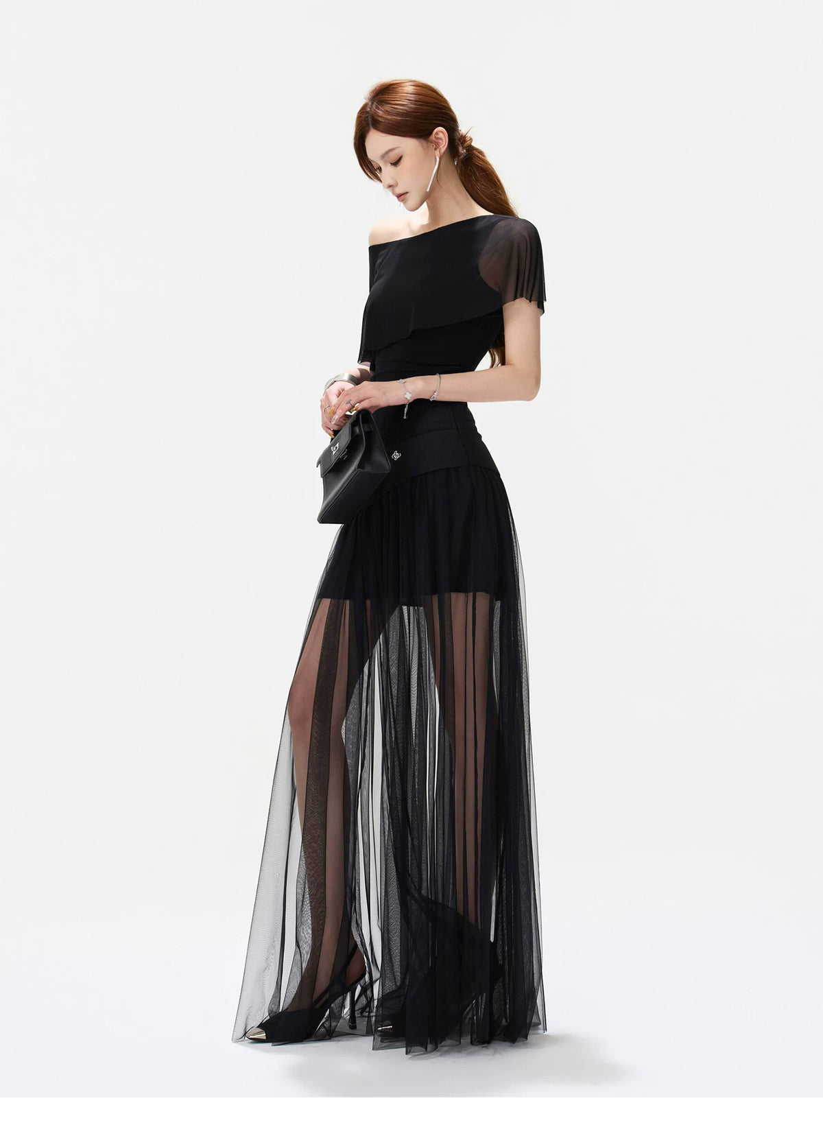 CYNR Asymmetric Shoulder Top &amp; Mesh Skirt Set