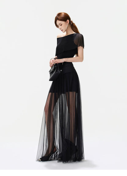 CYNR Asymmetric Shoulder Top &amp; Mesh Skirt Set