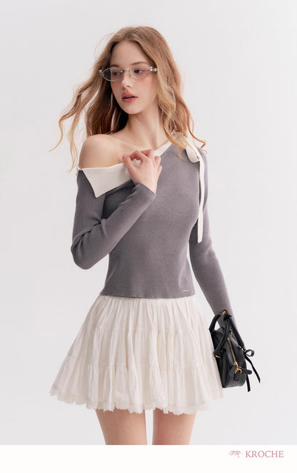 Kroche Off-Shoulder Slim-Fit Long-Sleeve Knit Top（2 color）