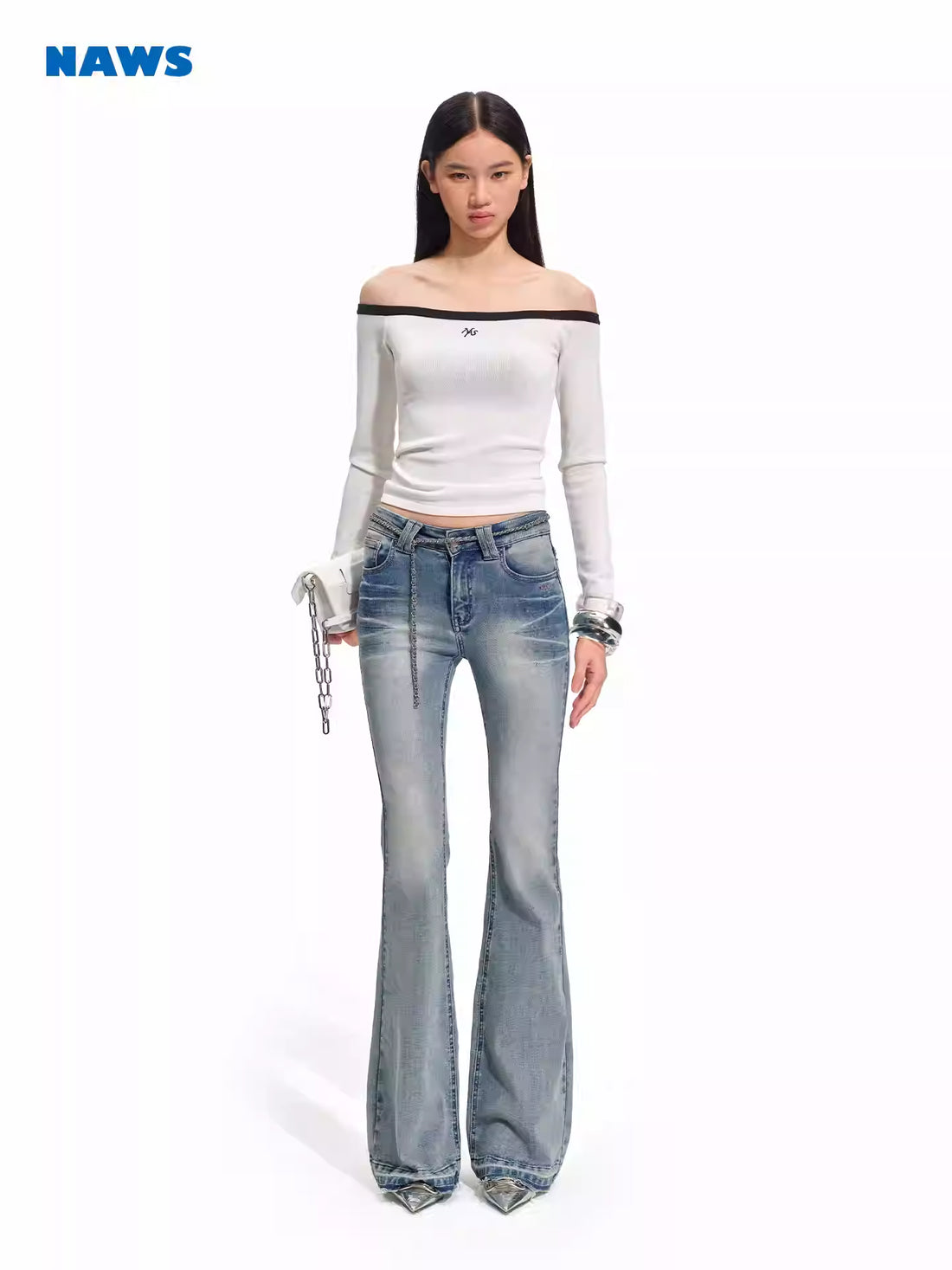 NAWS One shoulder off shoulder elastic knitted top