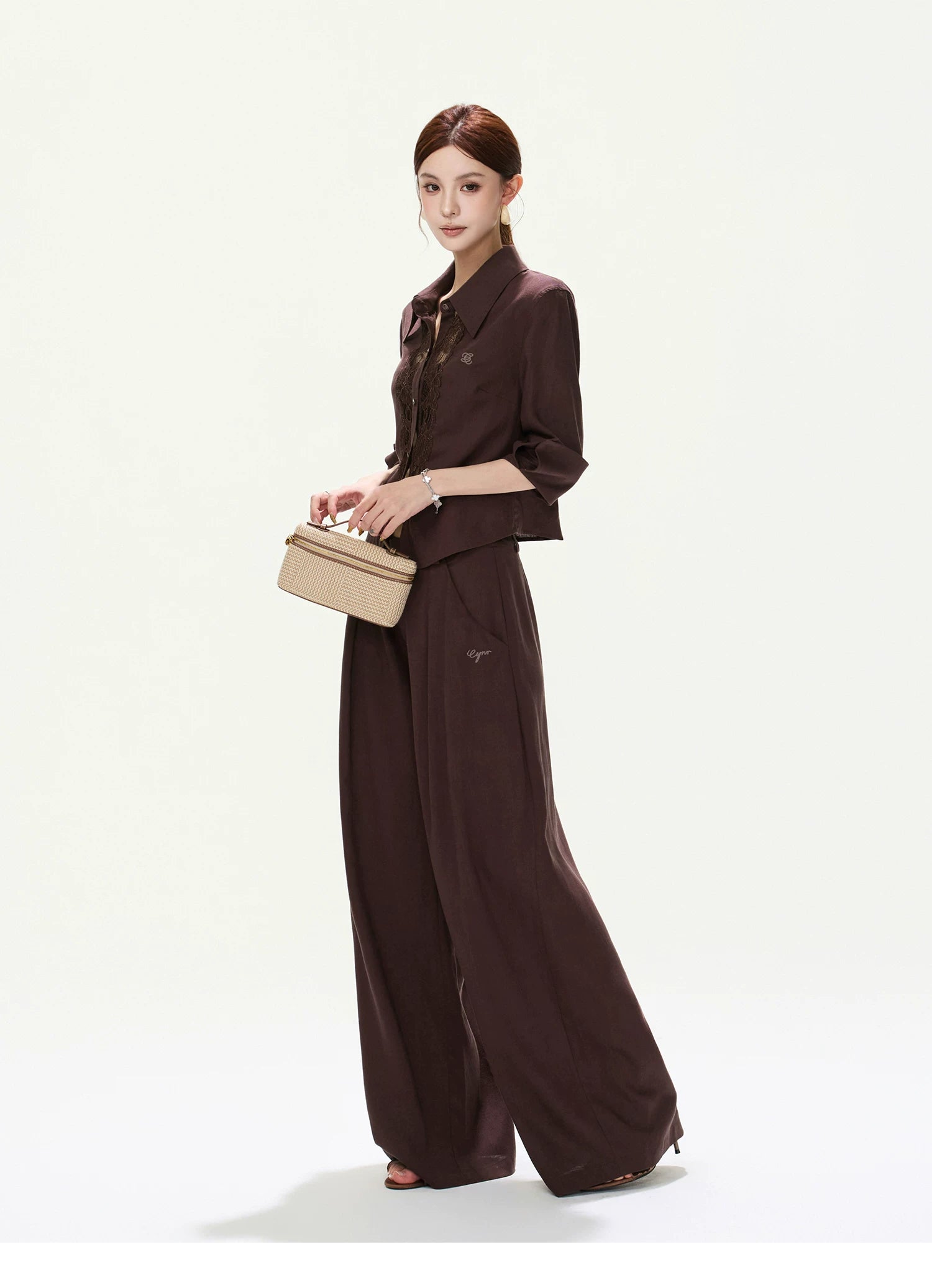CYNR Lace Cut-Out Blouse and Wide-Leg Pants Set