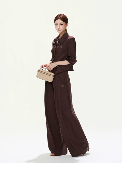 CYNR Lace Cut-Out Blouse and Wide-Leg Pants Set