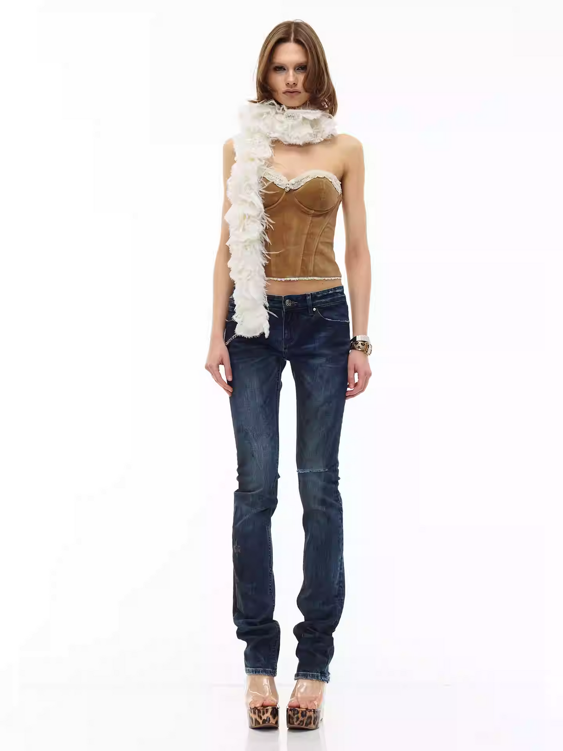 JELLOJELLO Suede patchwork lace diamond chain fishbone strapless top