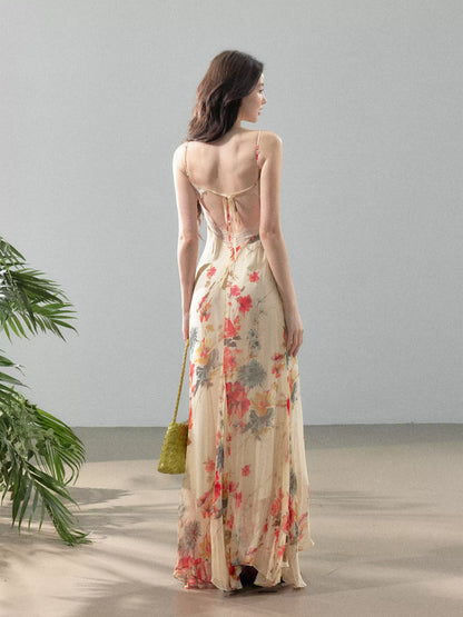 YZZI HE French printed chiffon suspender fishtail dress