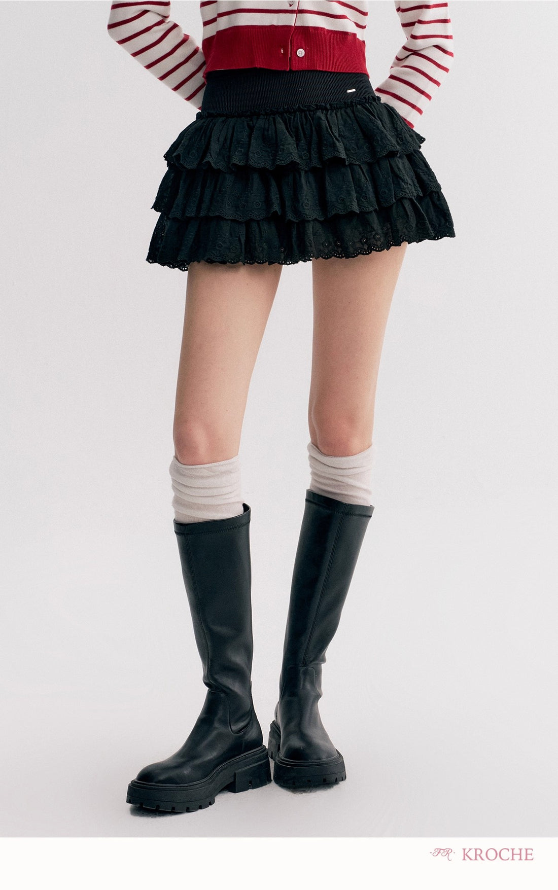 Kroche Lace-trimmed tiered ruffle mini skirt（2 color）