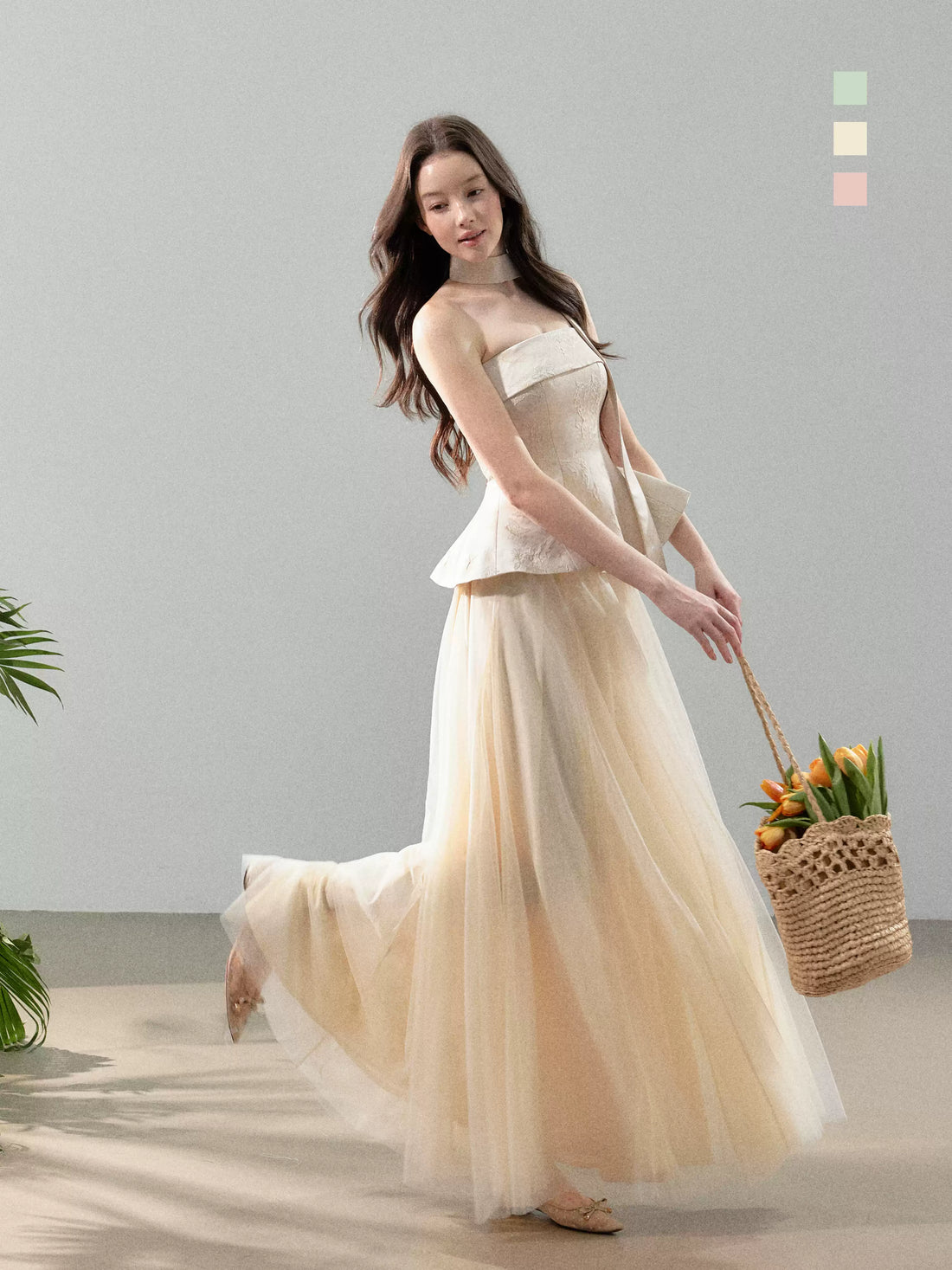 YZZI HE Jacquard top + mesh skirt set