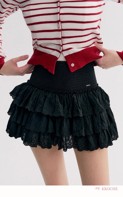 Kroche Lace-trimmed tiered ruffle mini skirt（2 color）
