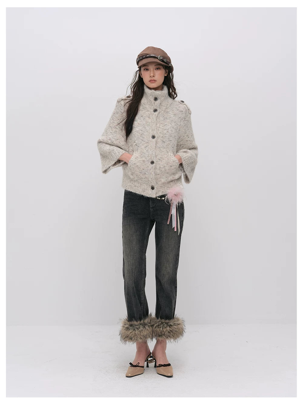 VIA PITTI VIADK6400 Vintage Stand-Collar Knit Cardigan