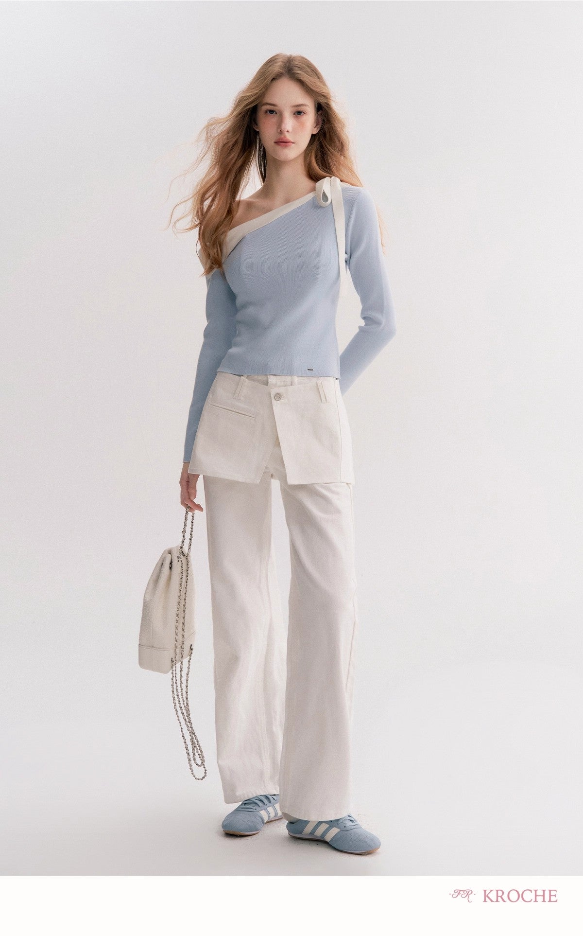 Kroche Off-Shoulder Slim-Fit Long-Sleeve Knit Top（2 color）