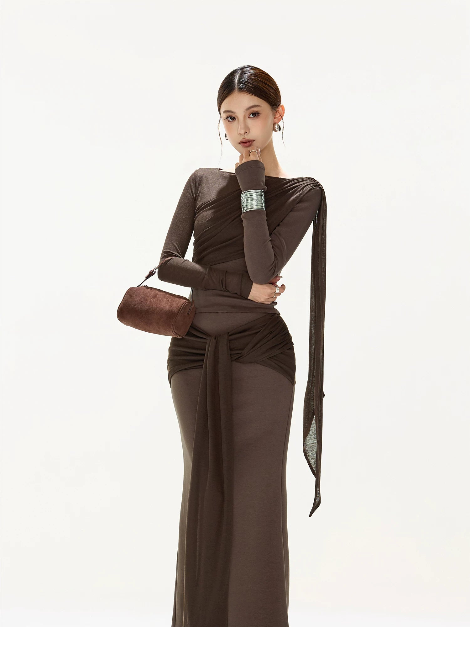 CYNR Ribbon pleated top + tied long skirt
