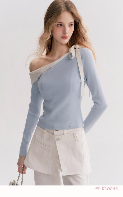 Kroche Off-Shoulder Slim-Fit Long-Sleeve Knit Top（2 color）