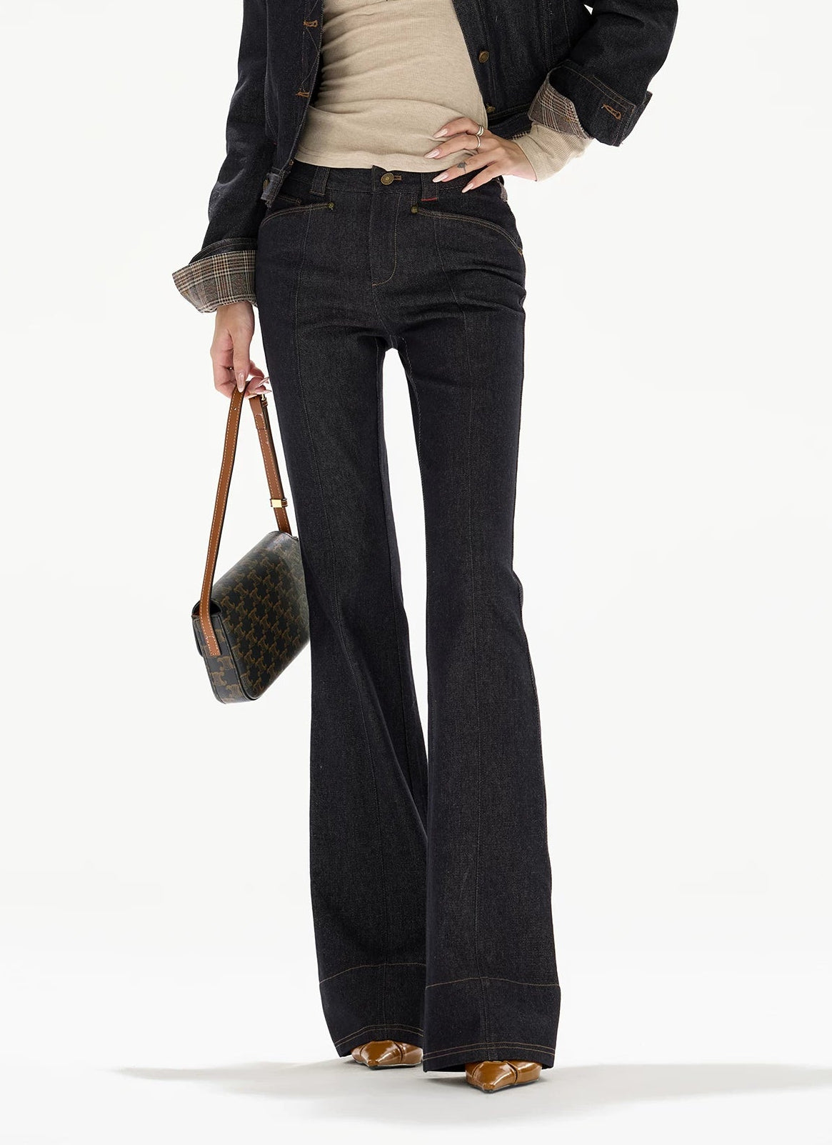 CYNR Patchwork Retro Plaid Color-Block Denim Jeans