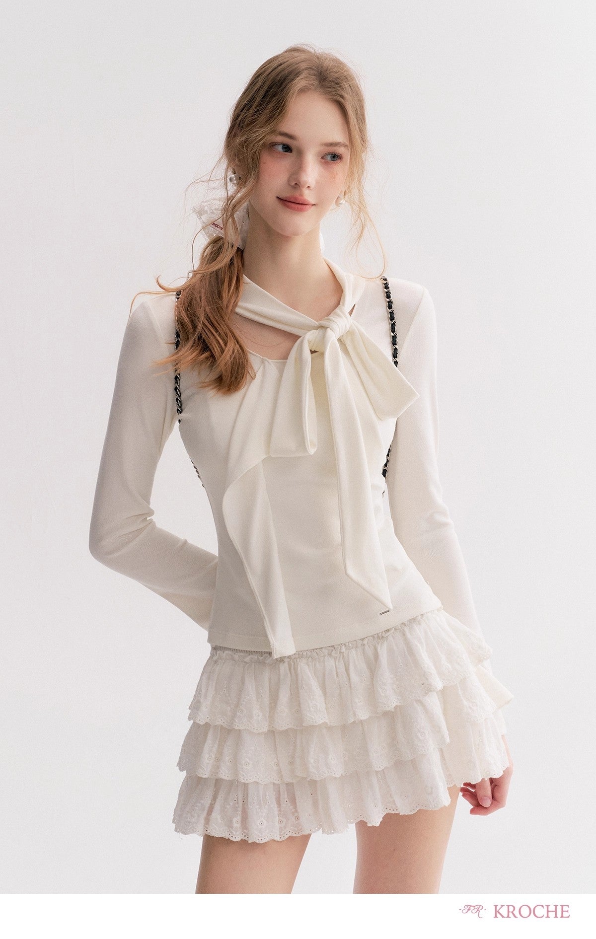 Kroche Lace-trimmed tiered ruffle mini skirt（2 color）