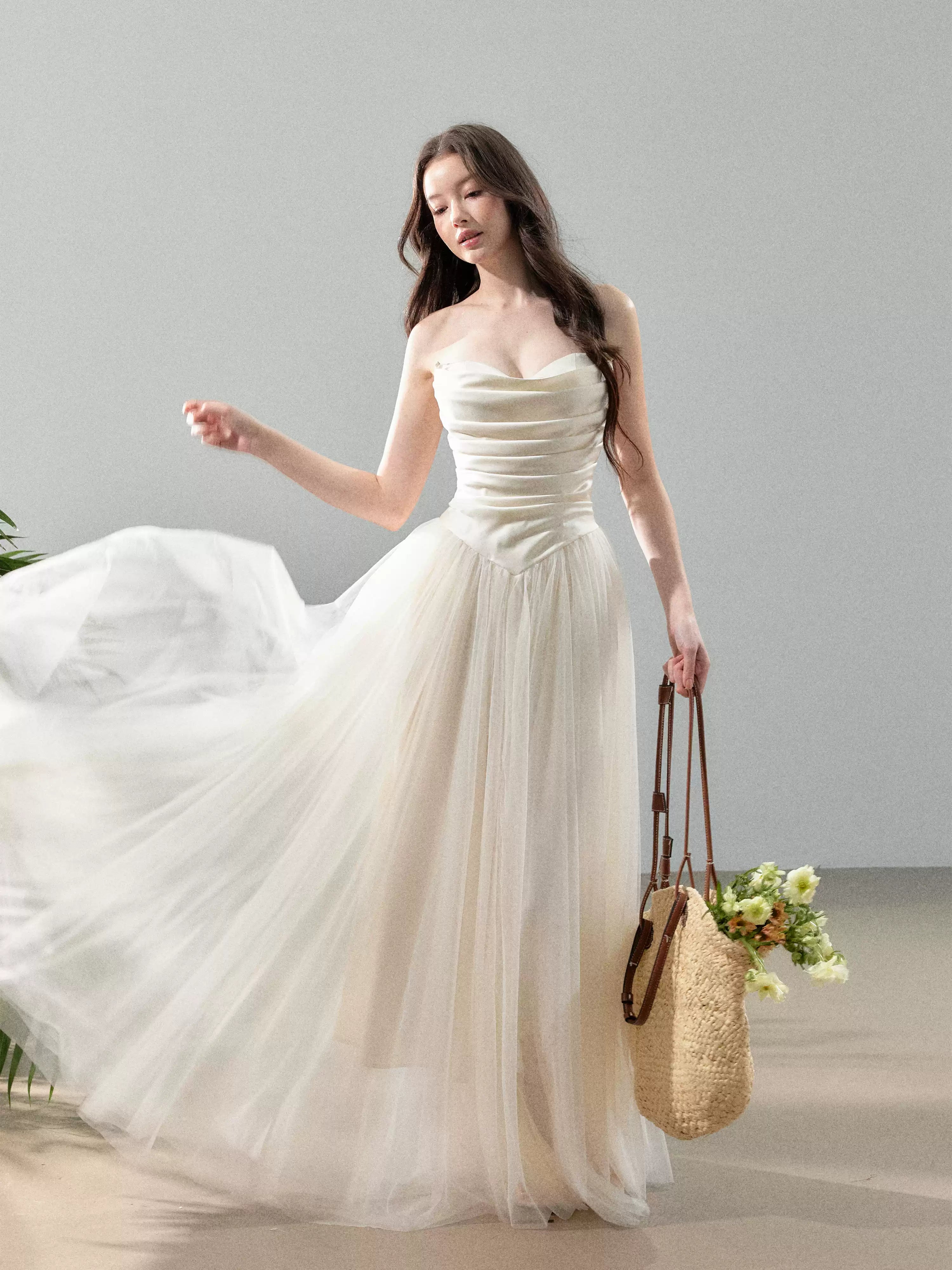 YZZI HE French satin strapless patchwork chiffon dress