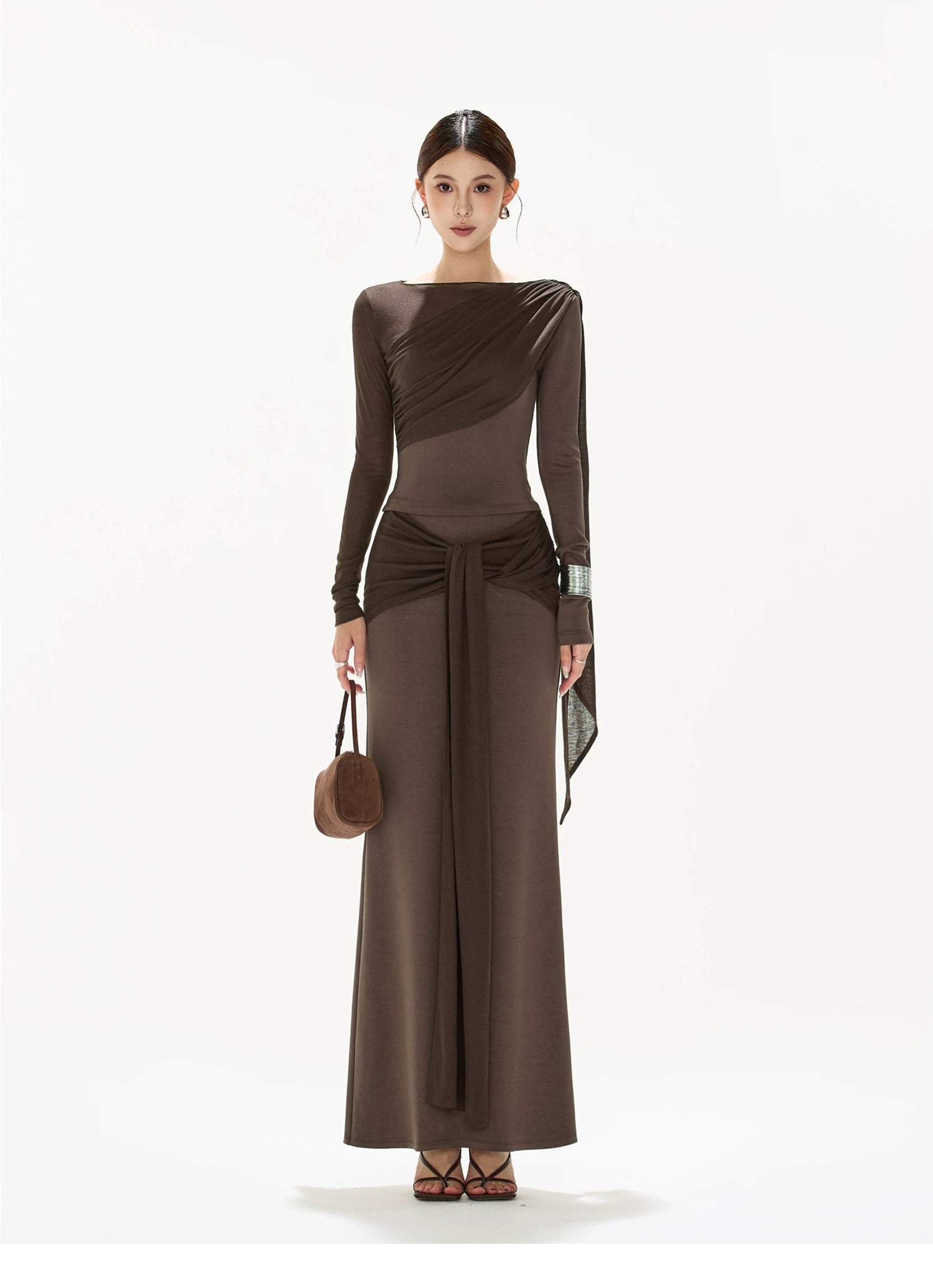 CYNR Ribbon pleated top + tied long skirt