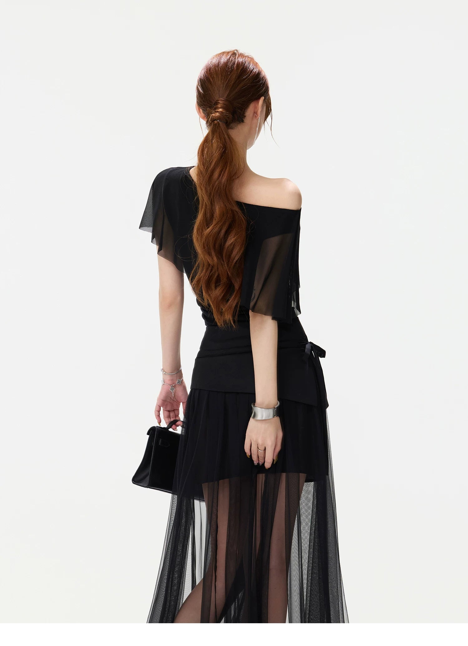 CYNR Asymmetric Shoulder Top &amp; Mesh Skirt Set
