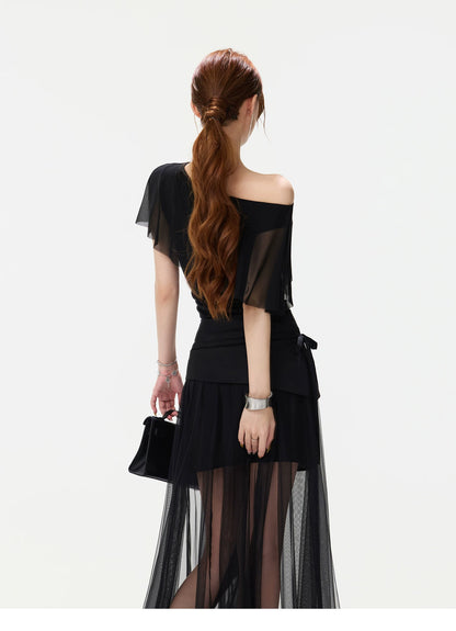 CYNR Asymmetric Shoulder Top &amp; Mesh Skirt Set