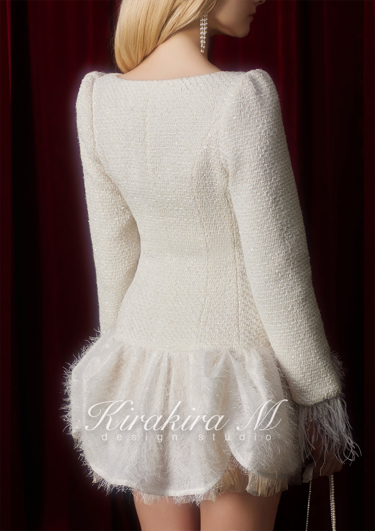 Kirakira.M White tweed flower bud coat dress