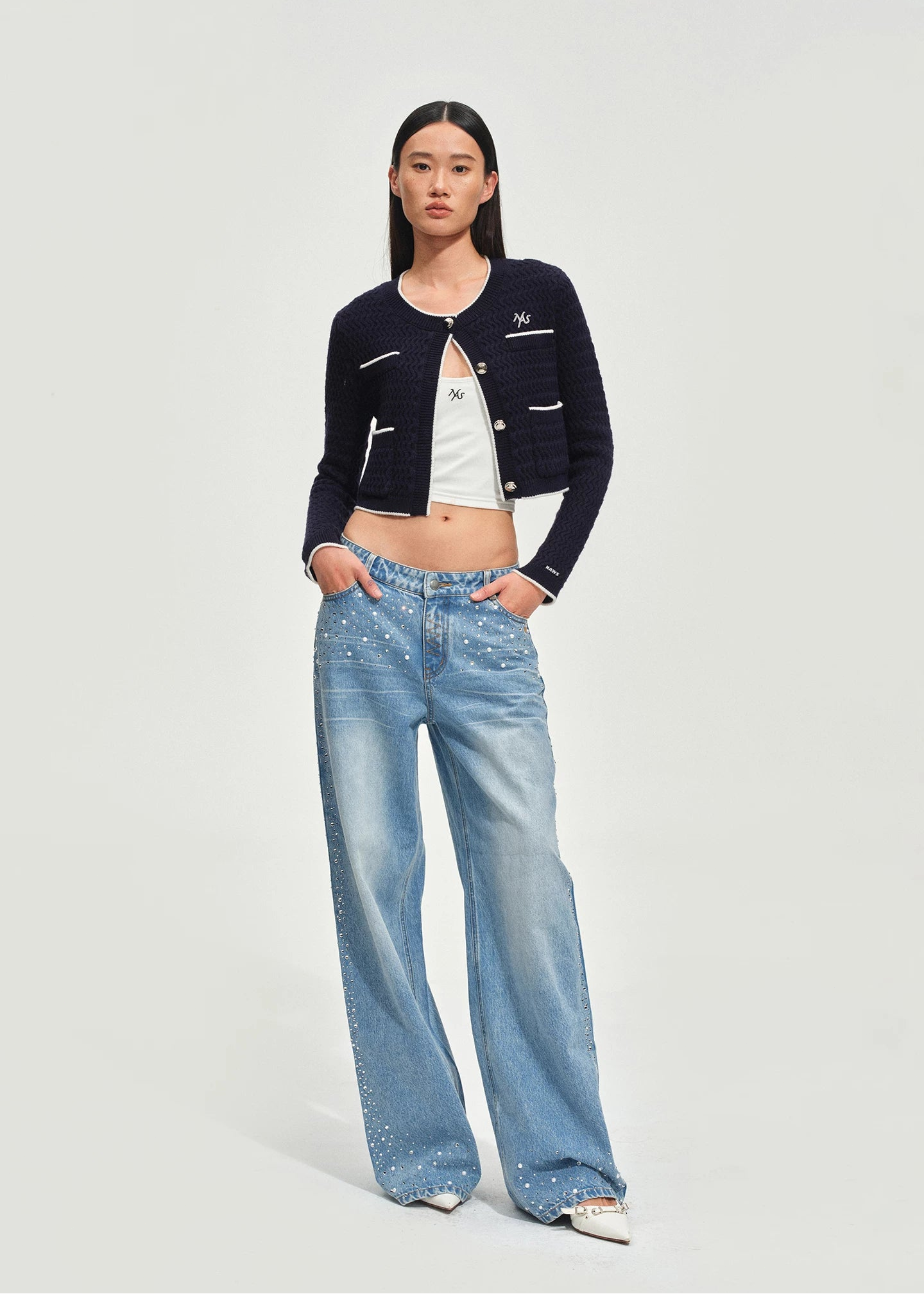 NAWS Washed diagonal pearl hot stamping low denim pants