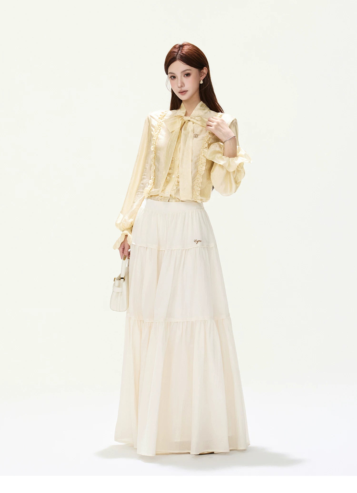 CYNR Ruffled Satin Blouse and Tiered Skirt Set