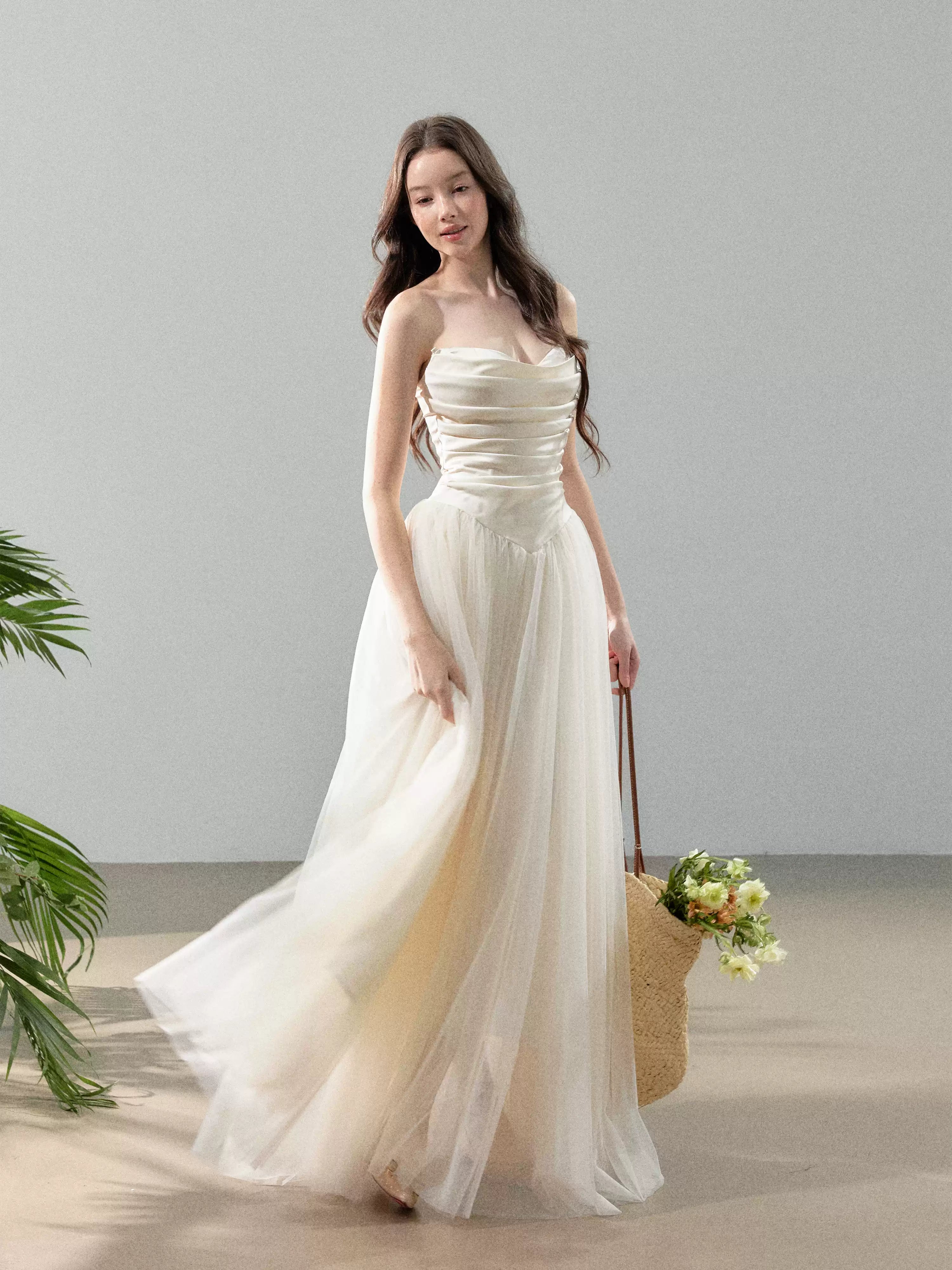 YZZI HE French satin strapless patchwork chiffon dress