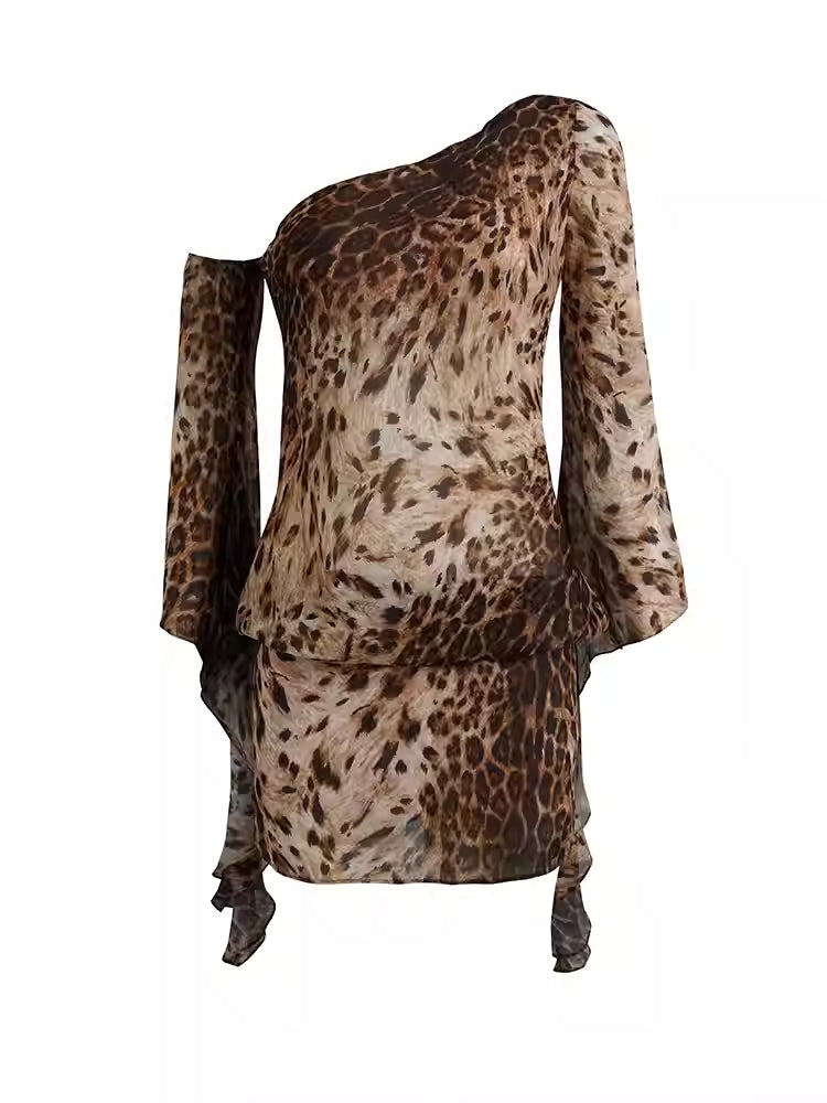 JELLOJELLO Leopard print chiffon ruffle edge dress