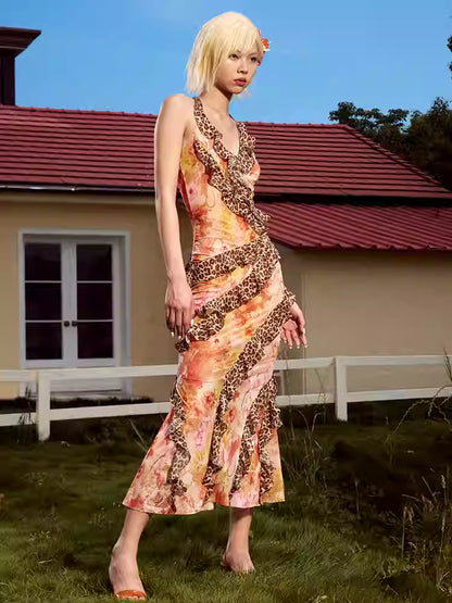 JELLOJELLO Splicing leopard print lace elastic mesh vacation maxi dress