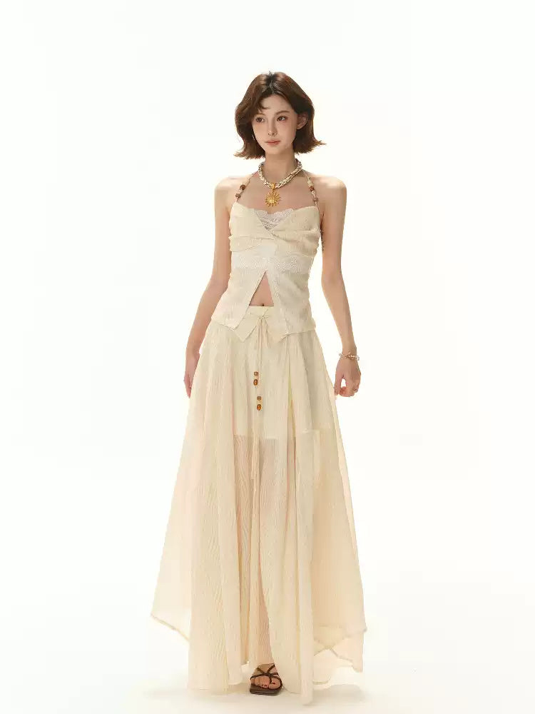 CYNR Beaded neck strapless top + irregular long skirt